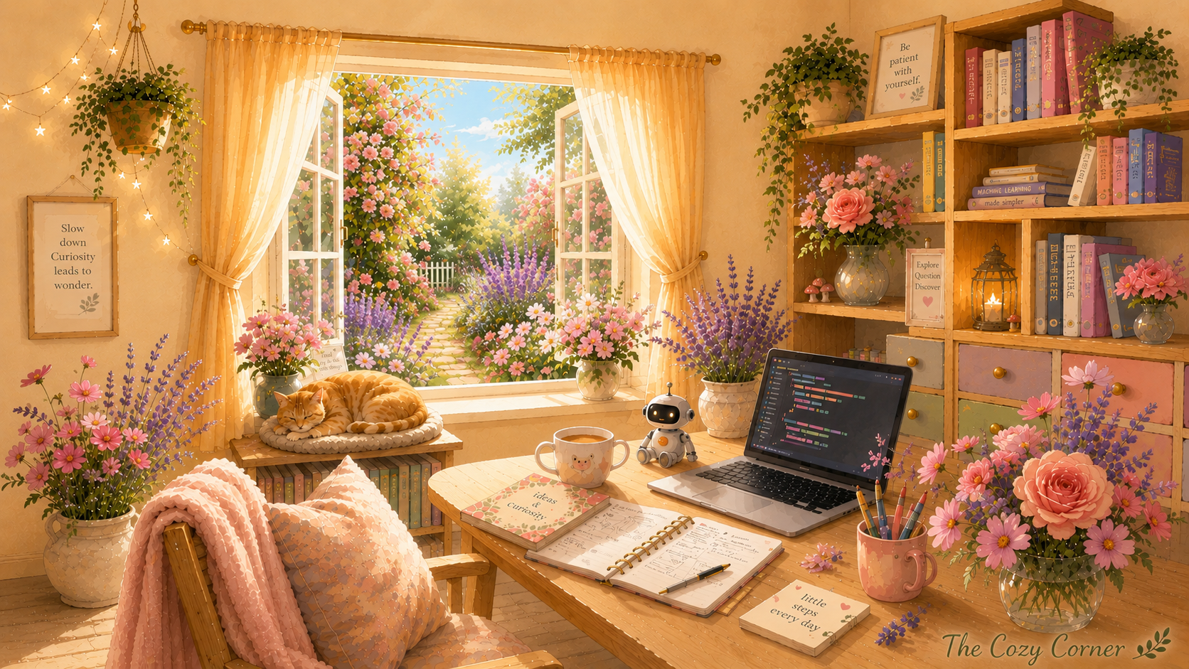 A cozy illustrated study with a sleeping ginger cat, a laptop, a small robot, flowers, and an open window looking out to a garden