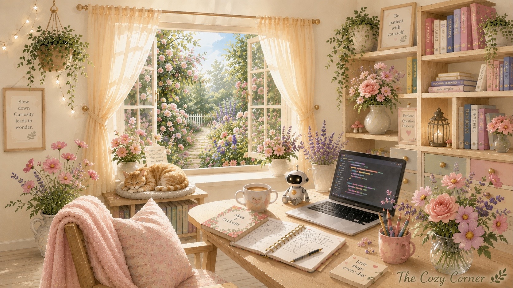A cozy illustrated study with a sleeping ginger cat, a laptop, a small robot, flowers, and an open window looking out to a garden