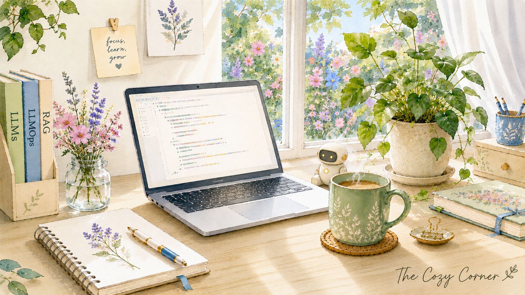 Watercolor illustration of a cozy desk with a laptop, coffee mug, plant, and a small robot figure, with a garden visible through the window